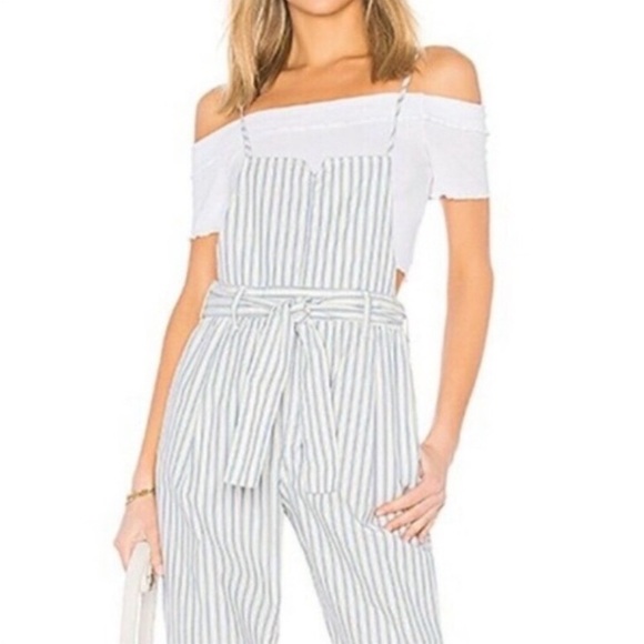 Free People] Blue White strips Belted Overall Jumpsuit - Picture 2 of 16